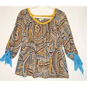 Umgee Multicolor Aztec Design Blouse Tie Sleeve Accent Sz Sm Peasant Lagenlook